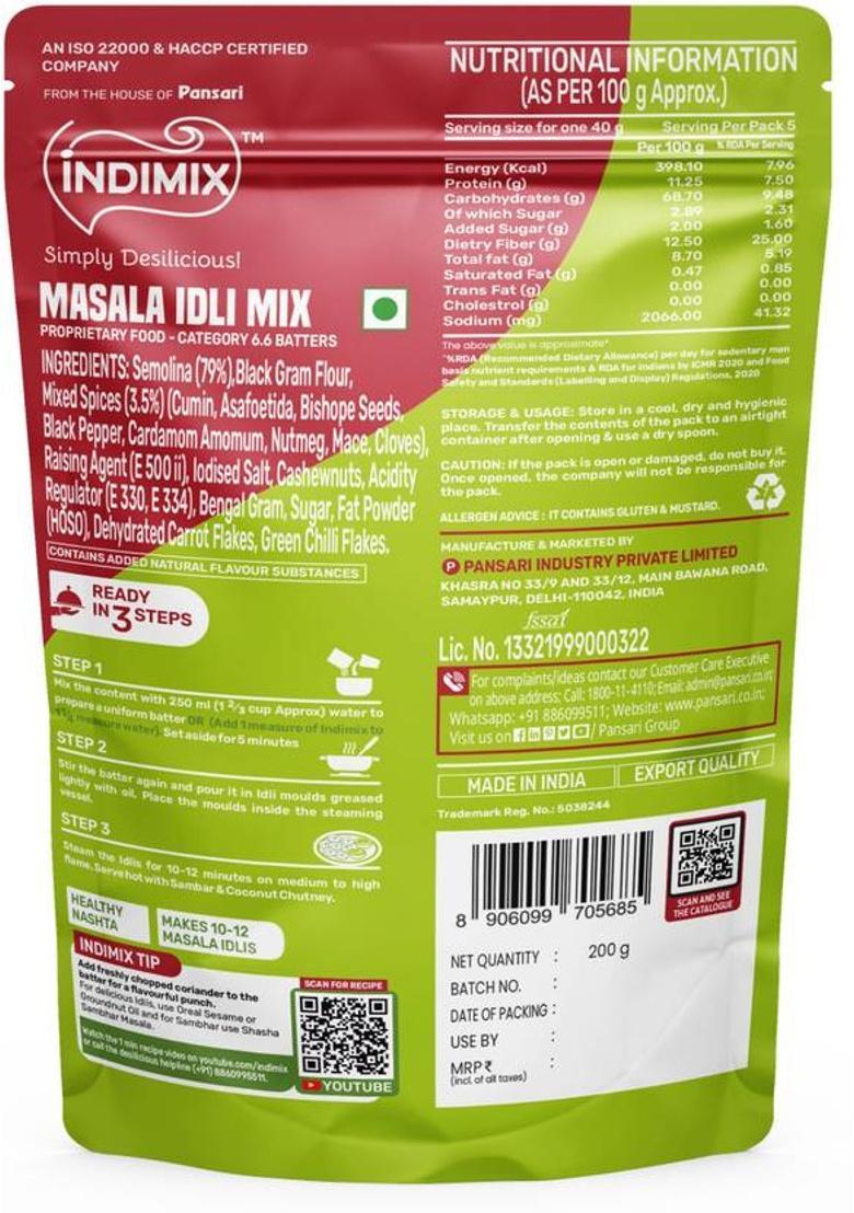 Indimix Instant Ready To Cook Masala Idli Mix | Ready In 3 Steps | Healthy & Tasty 200 G