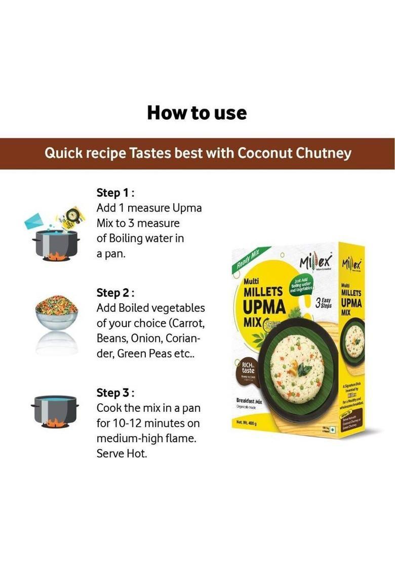 Millex Multi Millets Upma Mix, Ready To Cook, Instant Rava Upma, Multigrain Breakfast. 400 G (Pack Of 2)