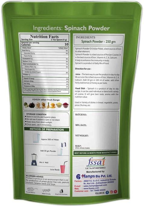 Fzyezy Freeze Dried|Healthy|Organic|Dehydrated Spinach Powder Pack-4(50Gm) 200 G