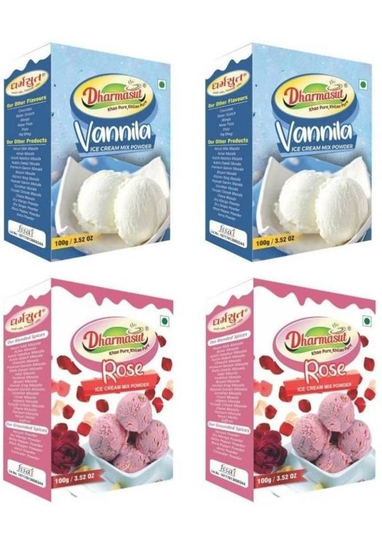 Dharmasut 2 Vanilla + 2 Rose Instant Ice Cream Mix Powder | Combo Of 4 | 400 G (Pack Of 4)