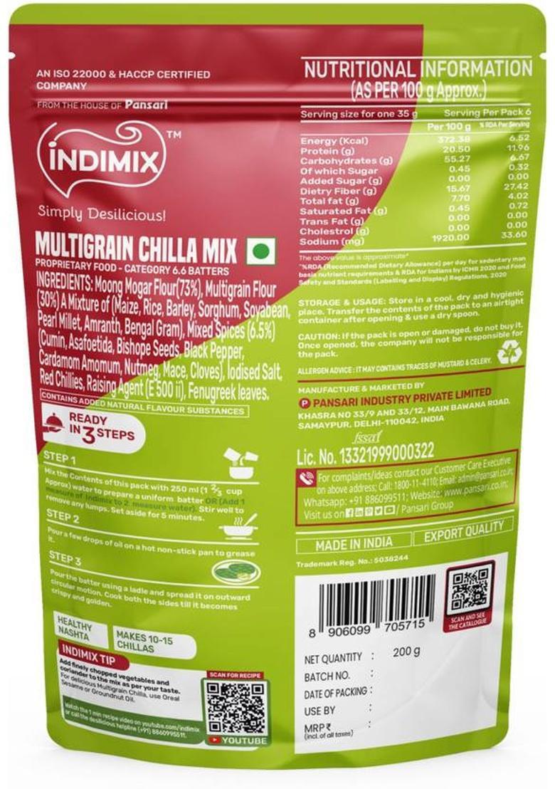 Indimix Instant Ready To Cook Multigrain Chilla Mix | Ready In 3 Steps | Healthy & Tasty 200 G