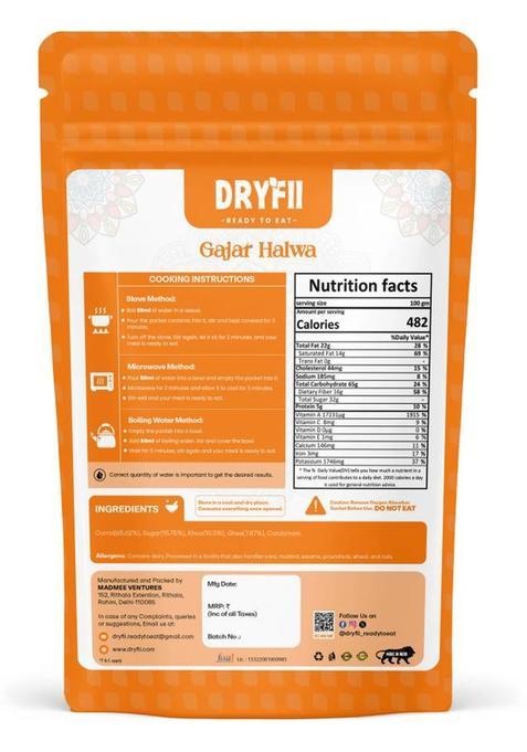Dryfii Ready-To-Eat Instant Gajar Halwa | Pure Veg | Freeze Dried | Rehydrated Wt. (540 G)