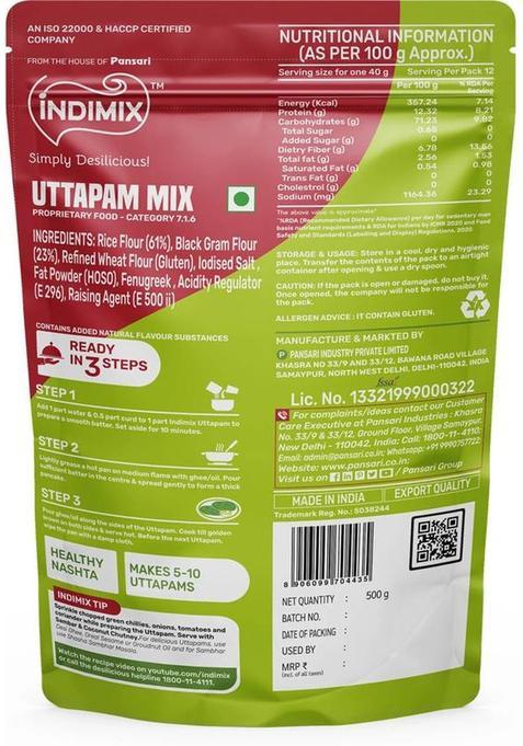 Indimix Instant Ready To Cook Uttapam Mix | Ready In 3 Steps | Healthy & Tasty 500 G