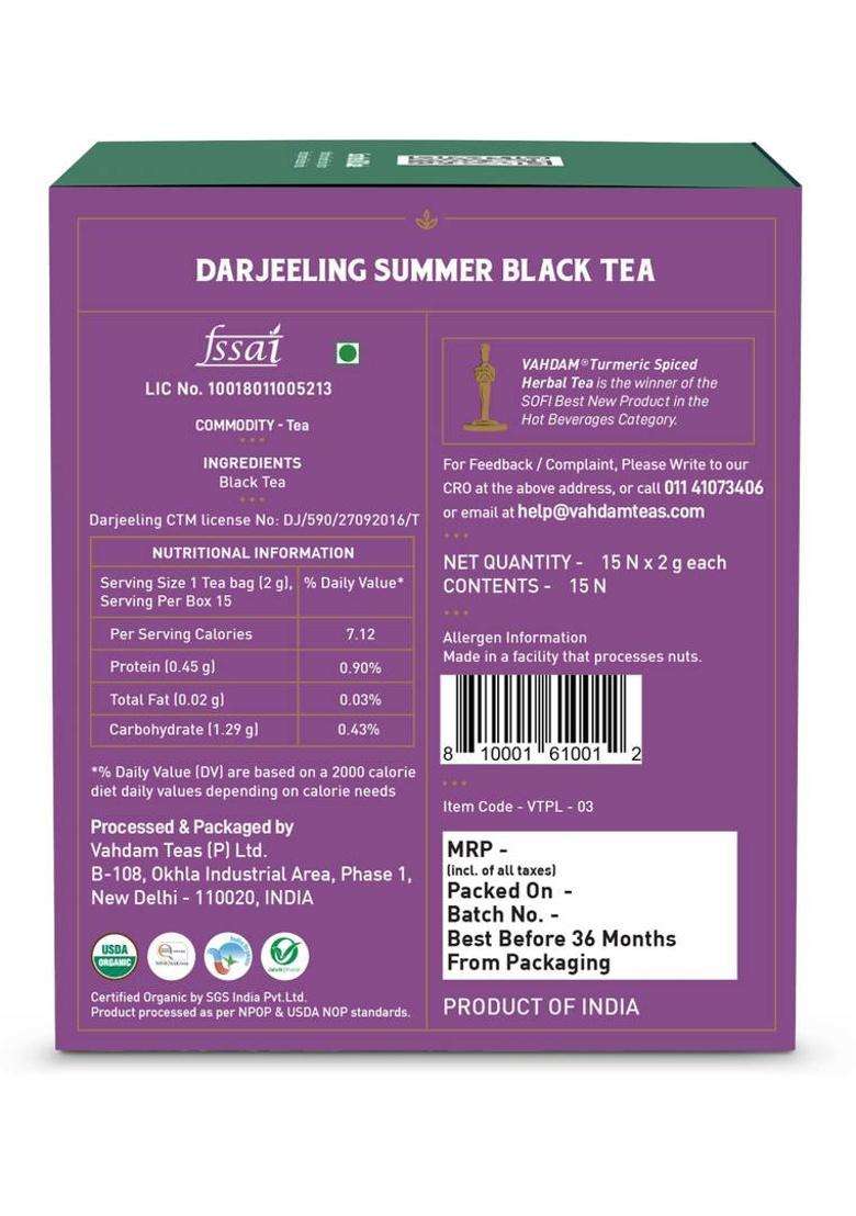 Vahdam Organic Darjeeling Summer Black Tea Bags Pouch&nbsp;&nbsp;(15 Bags) - Indya