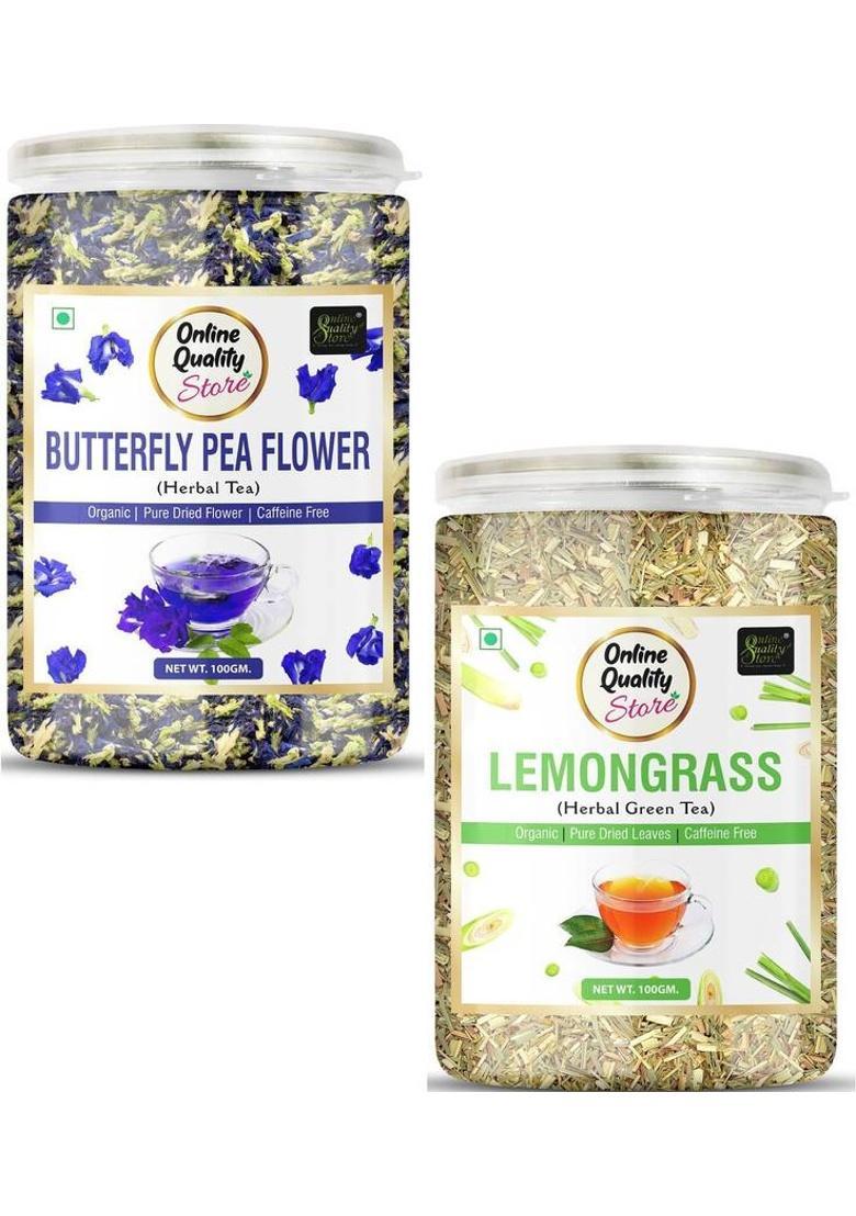 Online Quality Store Butterfly Pea Flower Tea, Lemongrass Herbal Tea Combo-200G Each | Reduce Stress Lemon Grass Herbal Tea Mason Jar (2 X 100 G)