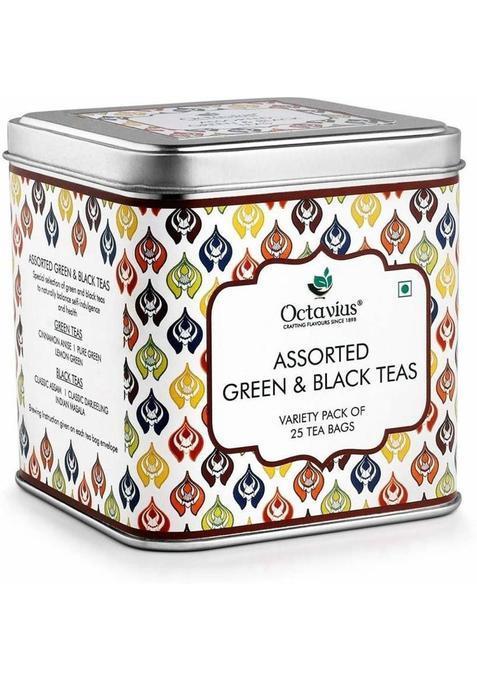 Octavius 6 Assorted Black & Green Teas - Flavours Of Darjeeling, Classic Assam, Indian Masala, Pure Green Cinnamon, Lemon Tea Bags Tin&nbsp;&nbsp;(25 Bags)