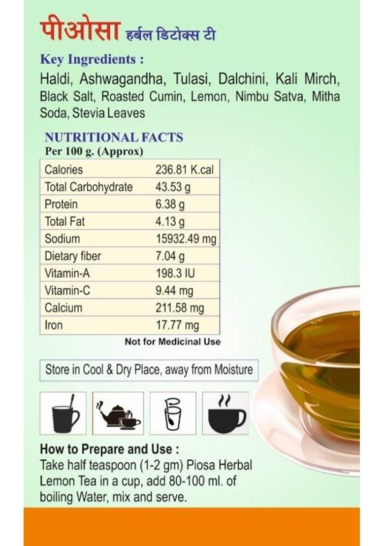 Piosa Herbal Detox Tea (70 Serving) | Caffeine Free | Refreshing | No Added Sugar | With Goodness Of Haldi, Ashwagandha, Tulasi, Lemon, Black Pepper, Black Salt, Roasted Cumin, Dalchini, Stevia Leaves Lemon Herbal Tea Plastic Bottle (105 G)
