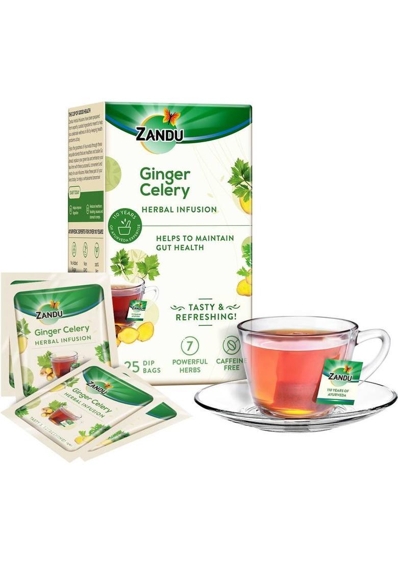Zandu Ginger Celery Ayurvedic Infusion- Herbal Tea For Gut Health, Good Digestion- 25 Tea Bags Ginger Herbal Infusion Tea Bags Box (25 X 1.5 G)