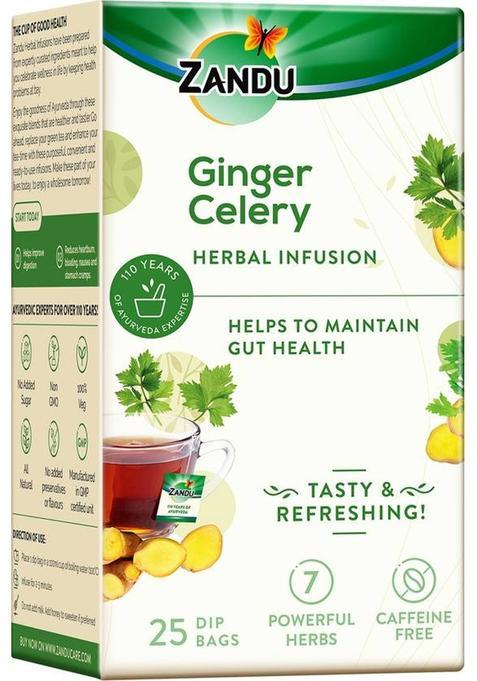 Zandu Ginger Celery Ayurvedic Infusion- Herbal Tea For Gut Health, Good Digestion- 25 Tea Bags Ginger Herbal Infusion Tea Bags Box (25 X 1.5 G)
