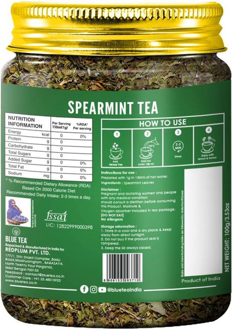 Blue Tea Spearmint Leaves-Tea, Supports Hormone, Pcos Relief & Weight Loss, Caffeine Free Herbs Herbal Tea Plastic Bottle (100 G)