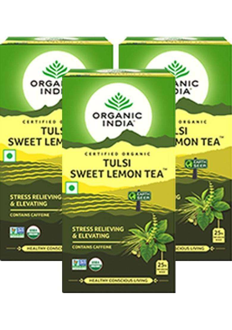 Organic India Tulsi Sweet Lemon 25 Tea Bags- (Pack Of 3) Lemon Green Tea Bags Box&nbsp;&nbsp;(3 X 25 Bags) - Indya