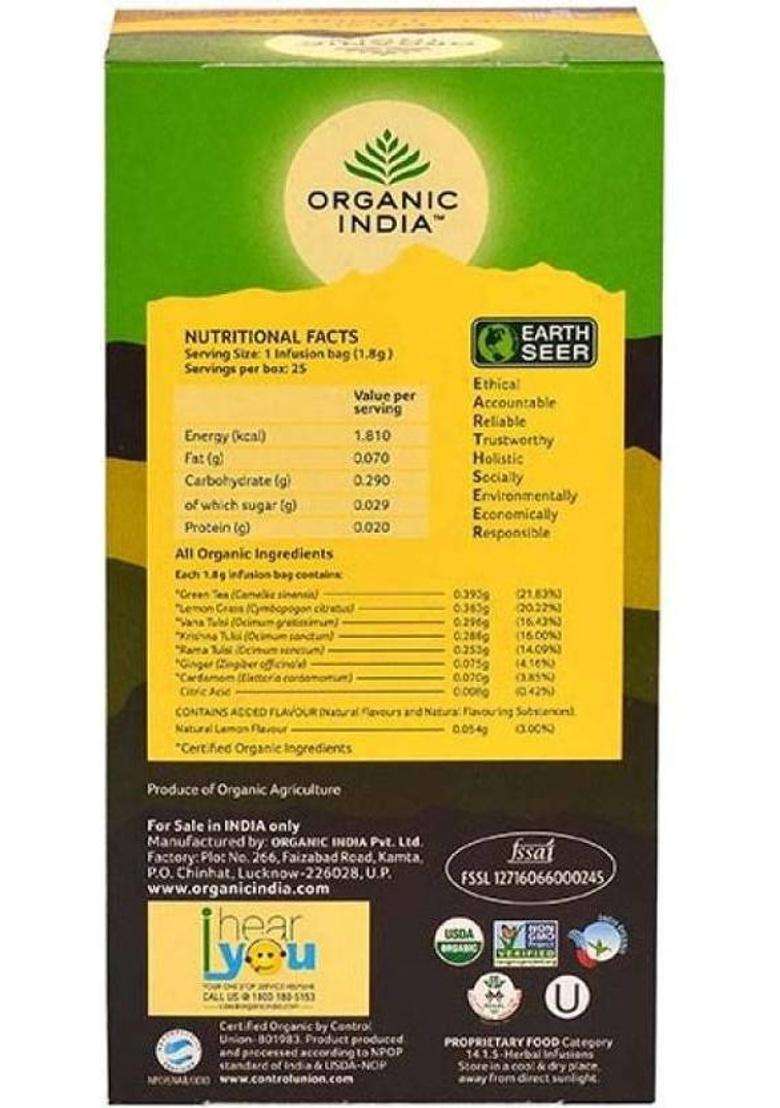Organic India Tulsi Sweet Lemon 25 Tea Bags- (Pack Of 3) Lemon Green Tea Bags Box&nbsp;&nbsp;(3 X 25 Bags) - Indya