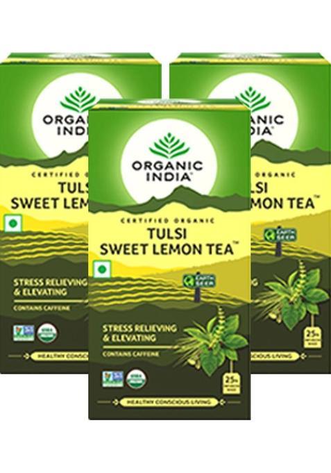 Organic India Tulsi Sweet Lemon 25 Tea Bags- (Pack Of 3) Lemon Green Tea Bags Box&nbsp;&nbsp;(3 X 25 Bags)