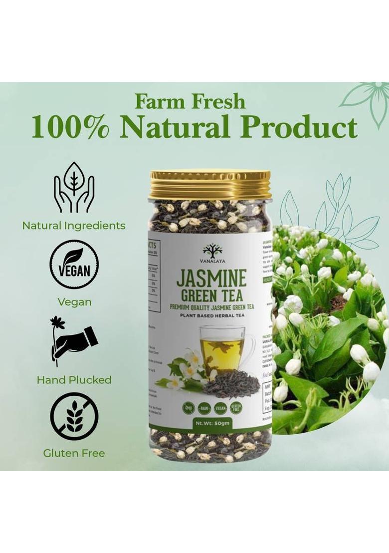 Vanalaya Jasmine Green Tea From Sun Dried Jasmine Petals For Clear Mind, Improve Mood, Stress Relief And Relives Anxiety Jasmine Jasmine Tea Plastic Bottle (50 G)