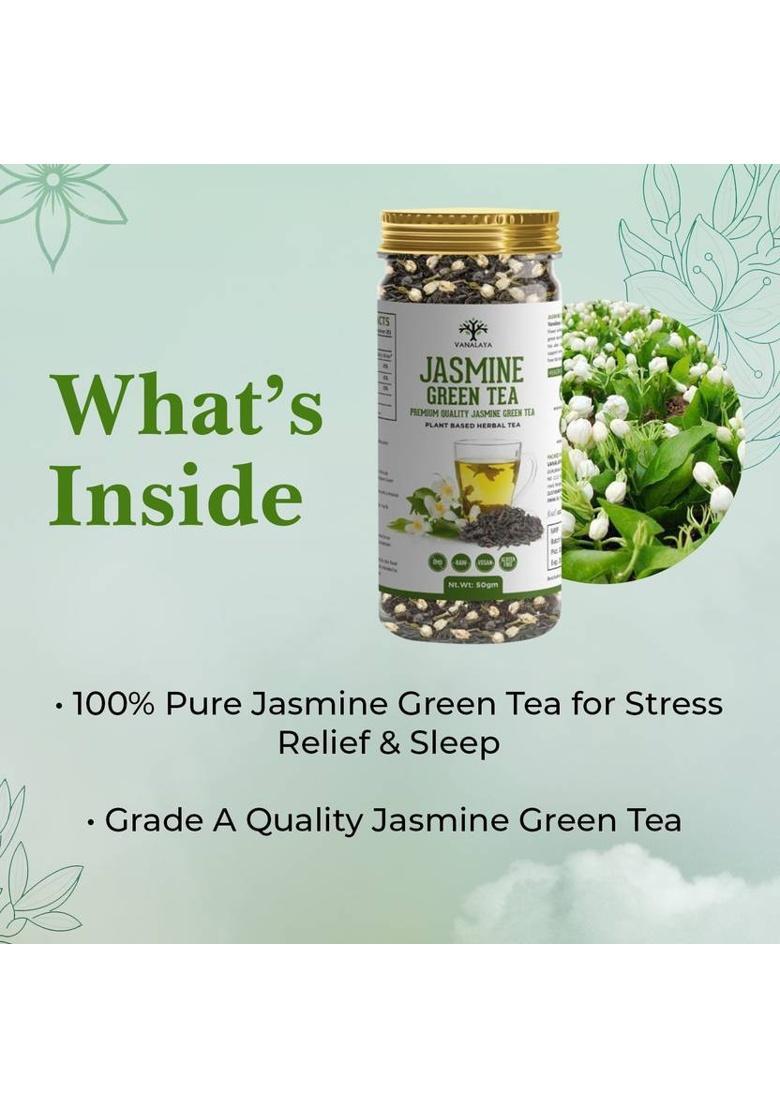 Vanalaya Jasmine Green Tea From Sun Dried Jasmine Petals For Clear Mind, Improve Mood, Stress Relief And Relives Anxiety Jasmine Jasmine Tea Plastic Bottle (50 G)