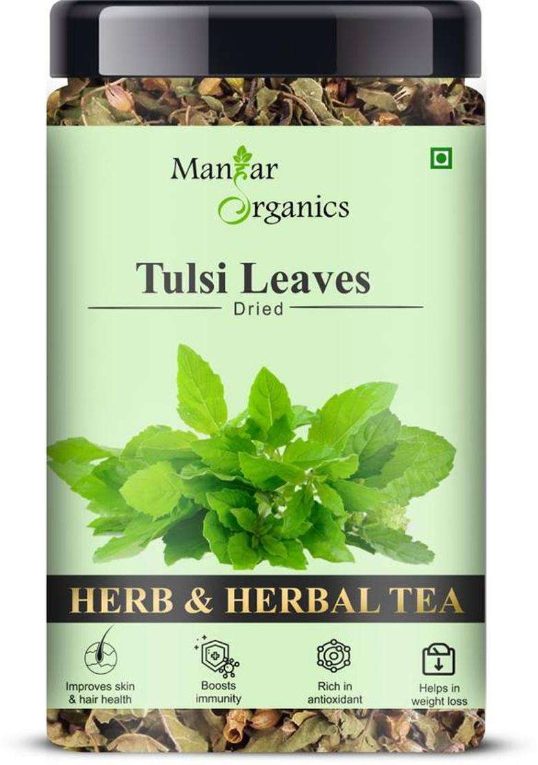 Manhar Organics Tulsi Leaves Jar 120Gm | Queen Of Herbs | Dried Tulsi Leaves | Holy Basil Tulsi Herbal Tea Pouch&nbsp;&nbsp;(120 G) - Indya