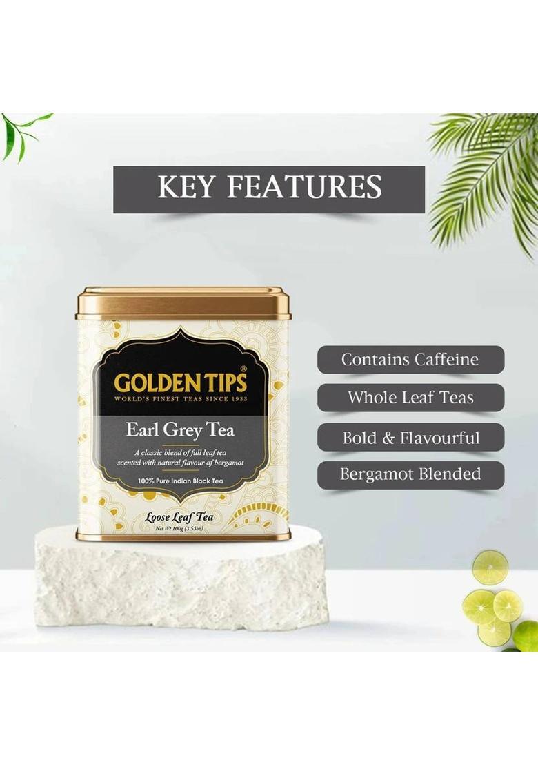 Golden Tips Premium Darjeeling Full Loose Leaves Earl Grey Bergamot Orange Black Tea Tin (100 G)