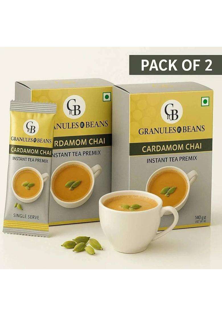 Granules And Beans Cardamom Tea Instant Premix (Pack Of 2) | 100% Natural Elaichi Chai Instant Premix | 10 Sachets Of 14Gms Each Chai For Immunity & Freshness Cardamom Instant Tea Box&nbsp;&nbsp;(2 X 10 Sachets) - Indya
