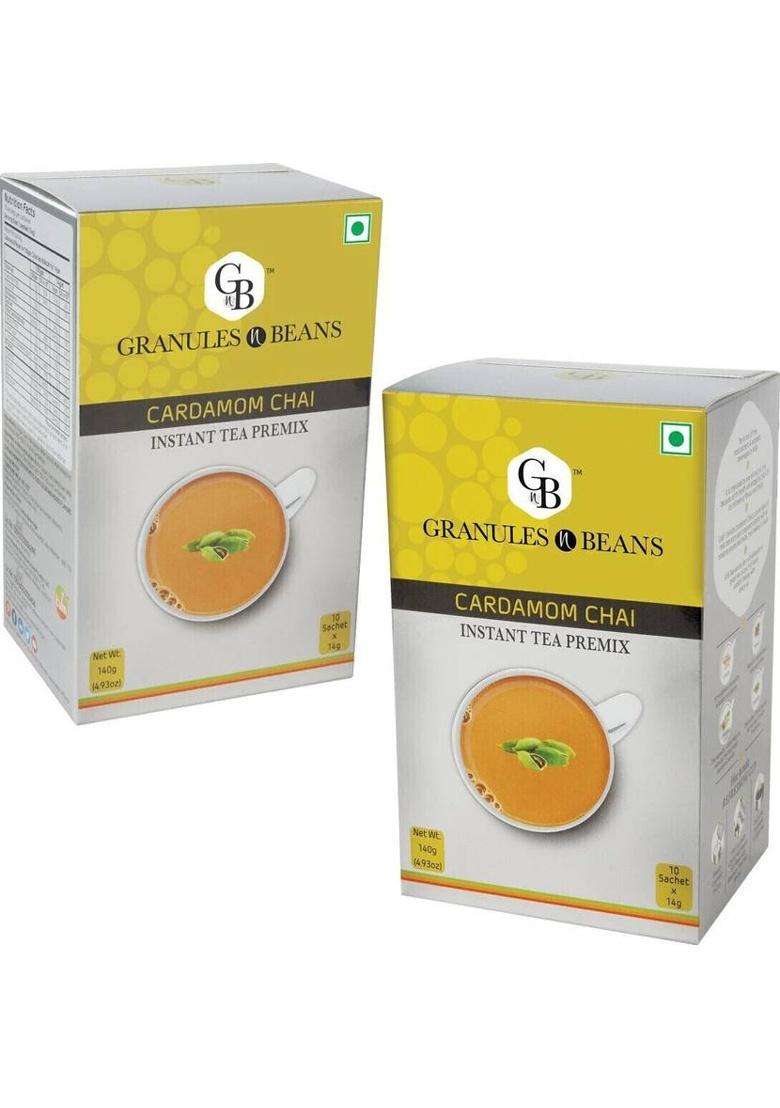 Granules And Beans Cardamom Tea Instant Premix (Pack Of 2) | 100% Natural Elaichi Chai Instant Premix | 10 Sachets Of 14Gms Each Chai For Immunity & Freshness Cardamom Instant Tea Box&nbsp;&nbsp;(2 X 10 Sachets) - Indya