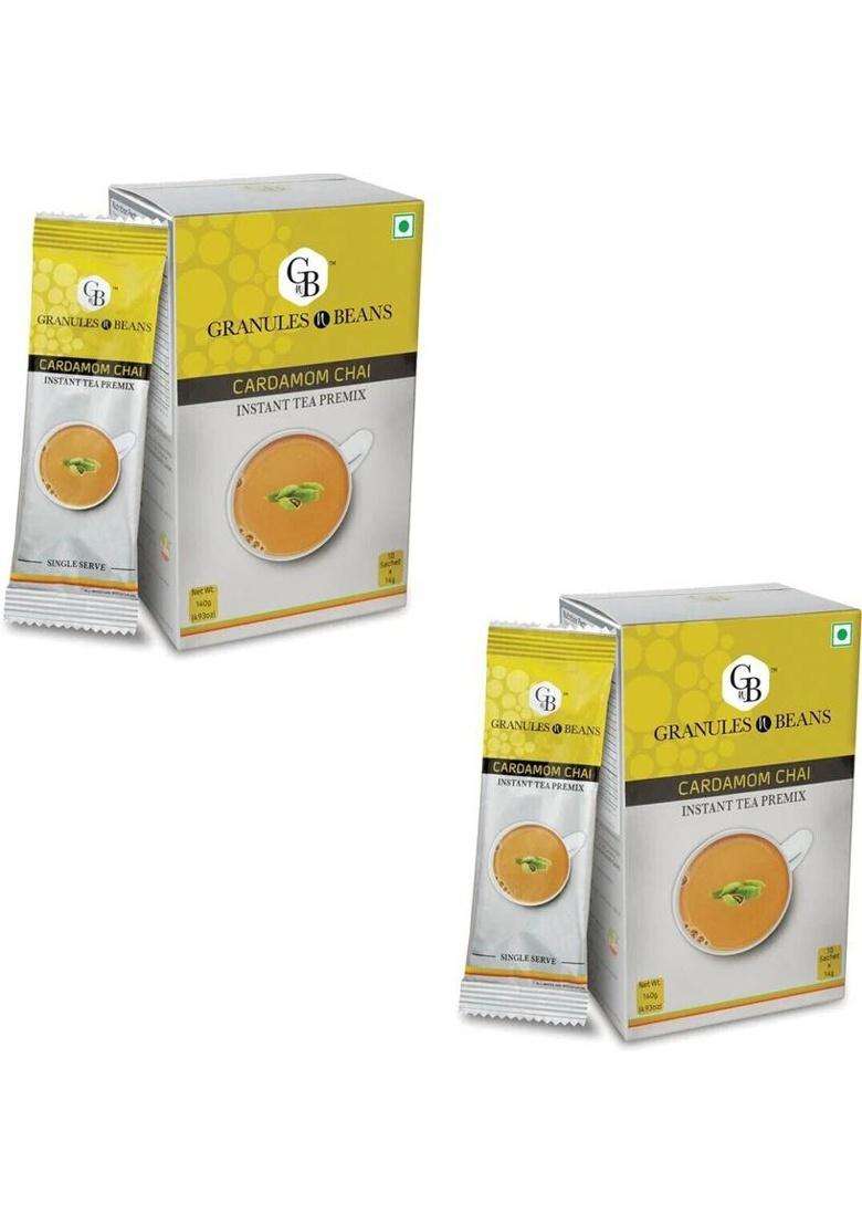 Granules And Beans Cardamom Tea Instant Premix (Pack Of 2) | 100% Natural Elaichi Chai Instant Premix | 10 Sachets Of 14Gms Each Chai For Immunity & Freshness Cardamom Instant Tea Box&nbsp;&nbsp;(2 X 10 Sachets) - Indya