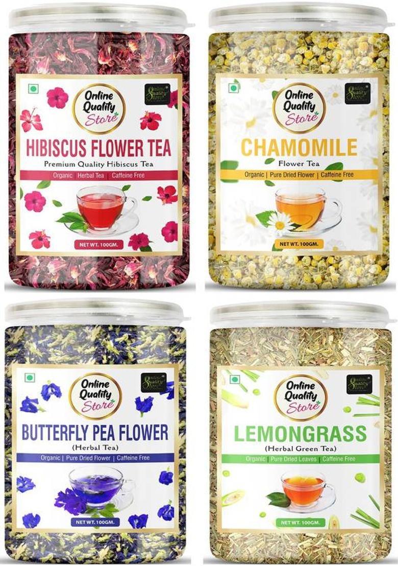 Online Quality Store Hibiscus Flower Tea, Butterfly Pea Tea, Chamomile Tea, Lemongrass Tea-100G Each Hibiscus, Chamomile, Lemon Grass Herbal Tea Mason Jar (4 X 100 G)