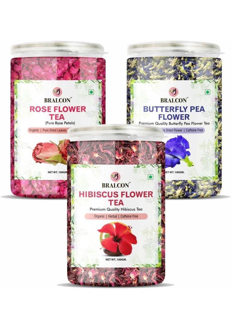 Bralcon Organic Hibiscus Flower Tea, Butterfly Pea Flower Tea, Rose Flower Tea Combo | Herbal Tea Plastic Bottle (3 X 100 G)