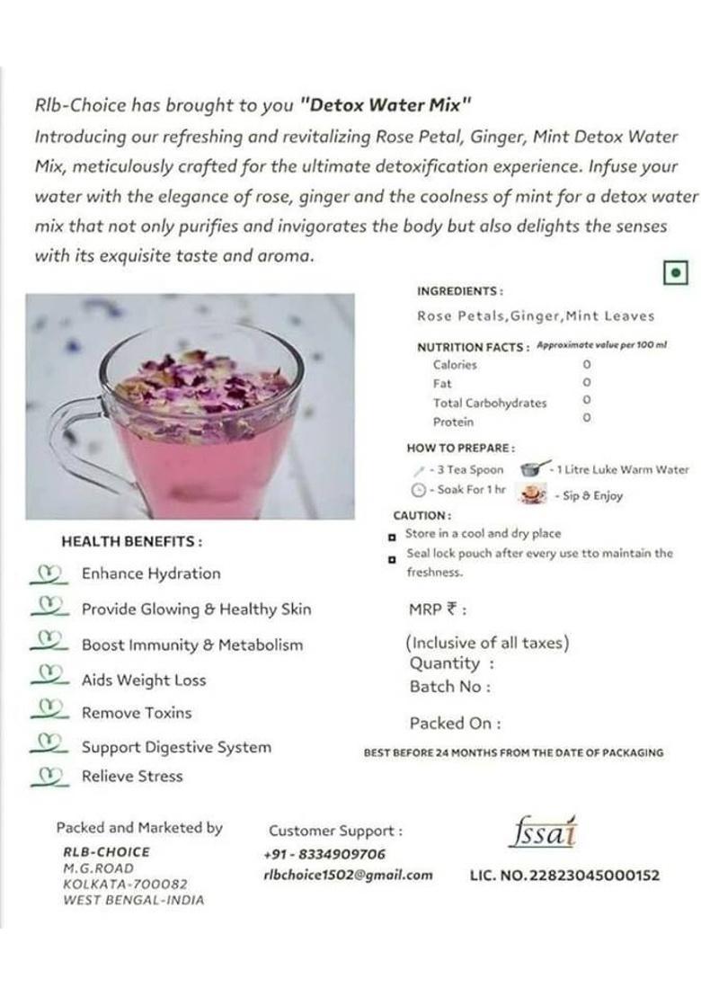 Rlb-Choice Floral Fusion Detox Water Mix Rose Tea,Skin Glow,Boost Immunity,Removetoxins Mint, Rose, Ginger Herbal Tea Pouch (50 G)