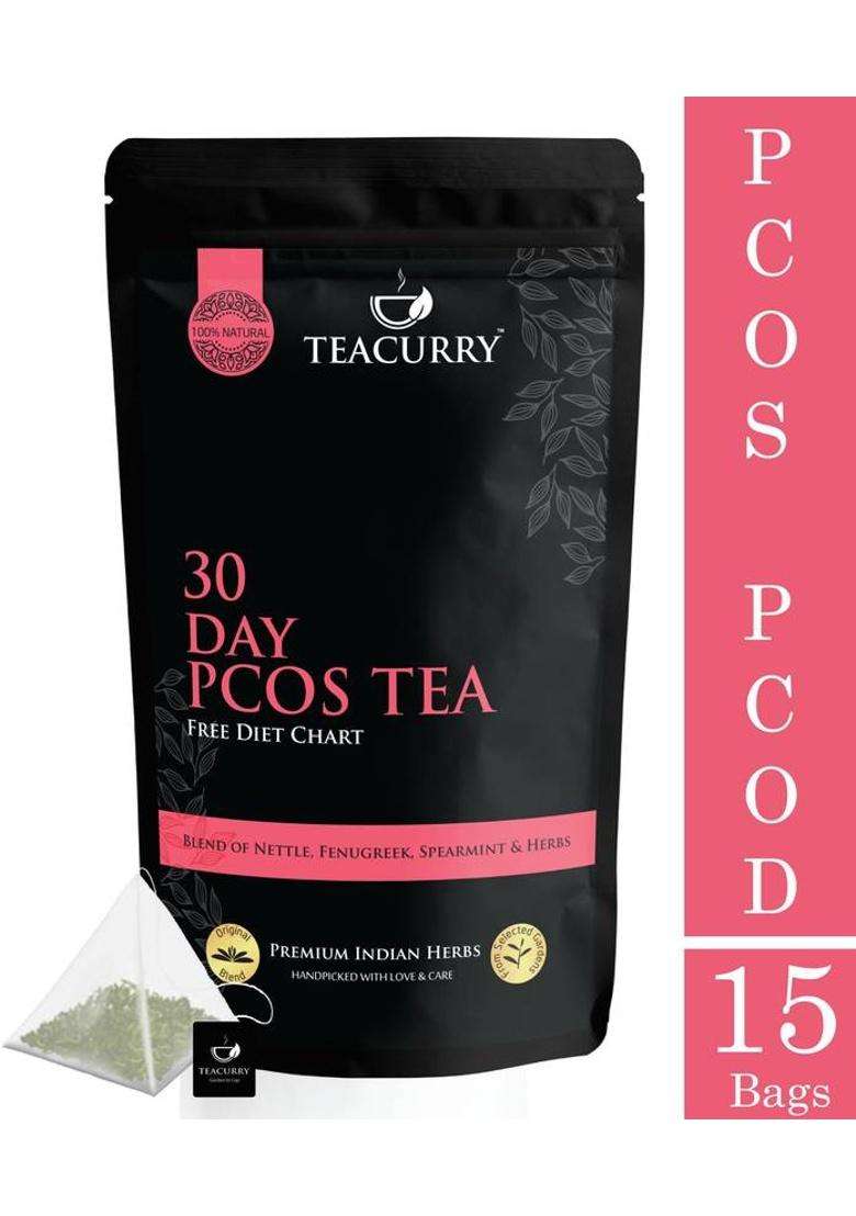 Teacurry 30 Day Pcos Tea With Free Diet Chart | 15 Pyramid Pcos Tea Bags, 30 Cups | Helps Cure Acne, Facial Hair Growth, Scalp Hair Loss, Hormonal Imbalance | Pcos Pcod Tea | Spearmint Tea For Pcos Herbal Tea Pouch&nbsp;&nbsp;(15 Bags) - Indya