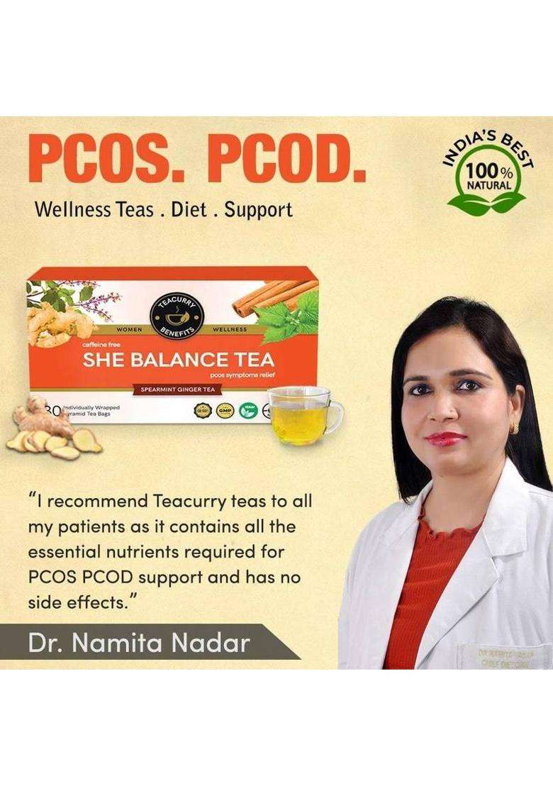 Teacurry 30 Day Pcos Tea With Free Diet Chart | 15 Pyramid Pcos Tea Bags, 30 Cups | Helps Cure Acne, Facial Hair Growth, Scalp Hair Loss, Hormonal Imbalance | Pcos Pcod Tea | Spearmint Tea For Pcos Herbal Tea Pouch&nbsp;&nbsp;(15 Bags) - Indya