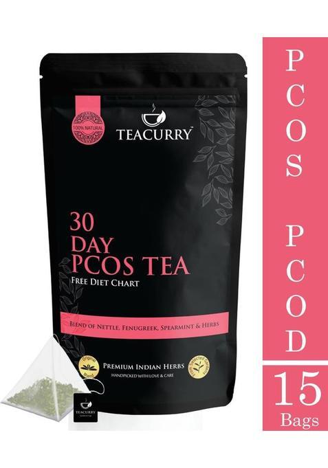 Teacurry 30 Day Pcos Tea With Free Diet Chart | 15 Pyramid Pcos Tea Bags, 30 Cups | Helps Cure Acne, Facial Hair Growth, Scalp Hair Loss, Hormonal Imbalance | Pcos Pcod Tea | Spearmint Tea For Pcos Herbal Tea Pouch&nbsp;&nbsp;(15 Bags)