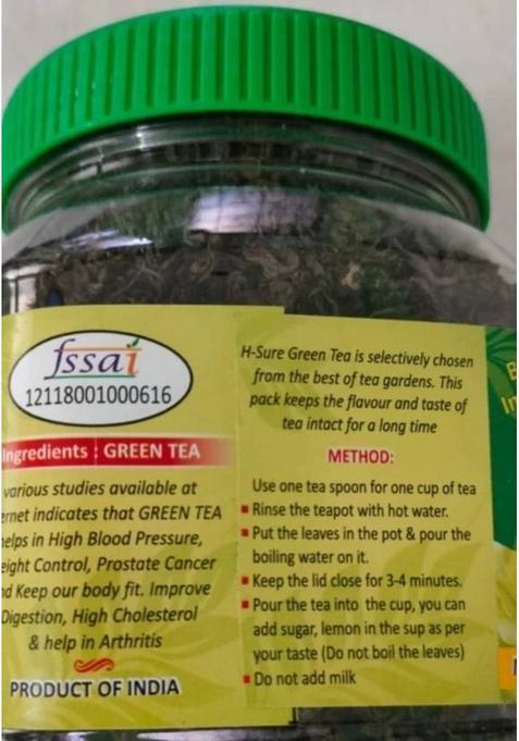 H-Sure 100% Natural Organic Herbal Loose Leaf Green Tea For Weight Loss Green Tea Plastic Bottle (200 G)