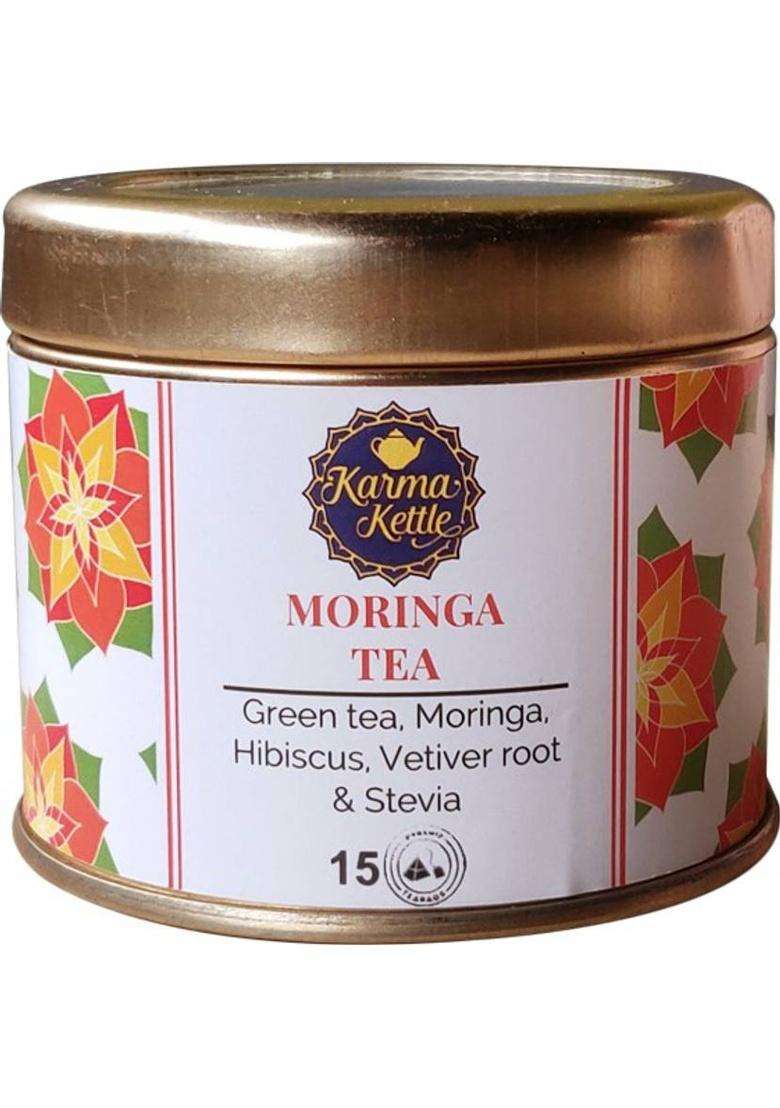 Karma Kettle Moringa Green Tea With Moringa Leaf, Hibiscus Flower, Vetiver Root & Stevia Leaf Hibiscus Herbal Tea Tin&nbsp;&nbsp;(15 Bags) - Indya
