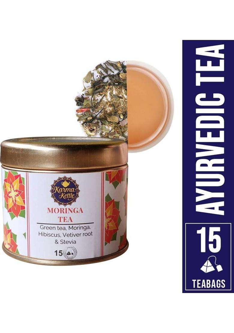 Karma Kettle Moringa Green Tea With Moringa Leaf, Hibiscus Flower, Vetiver Root & Stevia Leaf Hibiscus Herbal Tea Tin&nbsp;&nbsp;(15 Bags) - Indya