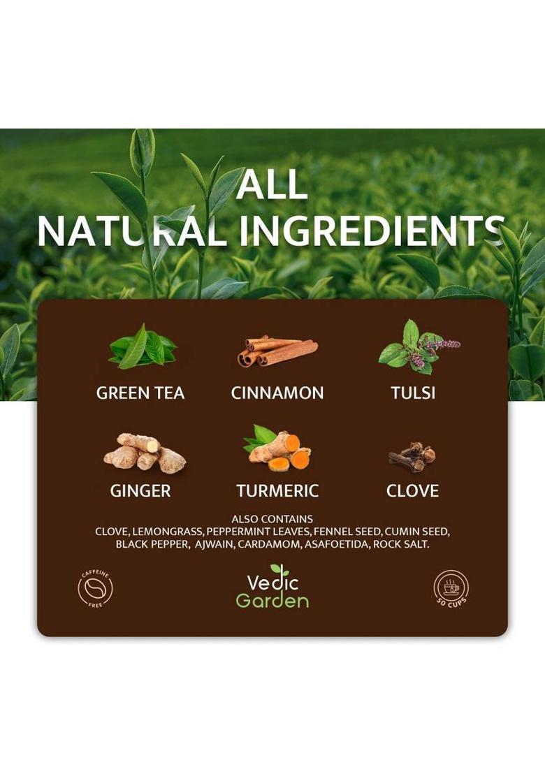 Vedic Garden Detox Kahwa Green Tea 100 Gm | 100% Pure Whole Leaf | Immunity Booster | Tea For Weight Loss & Glowing Skin | Rich In Antioxidants | Purifying & Cleansing | Special For Cold Relief (50 Cups) Tulsi, Ginger, Turmeric, Cinnamon, Cloves Green Tea