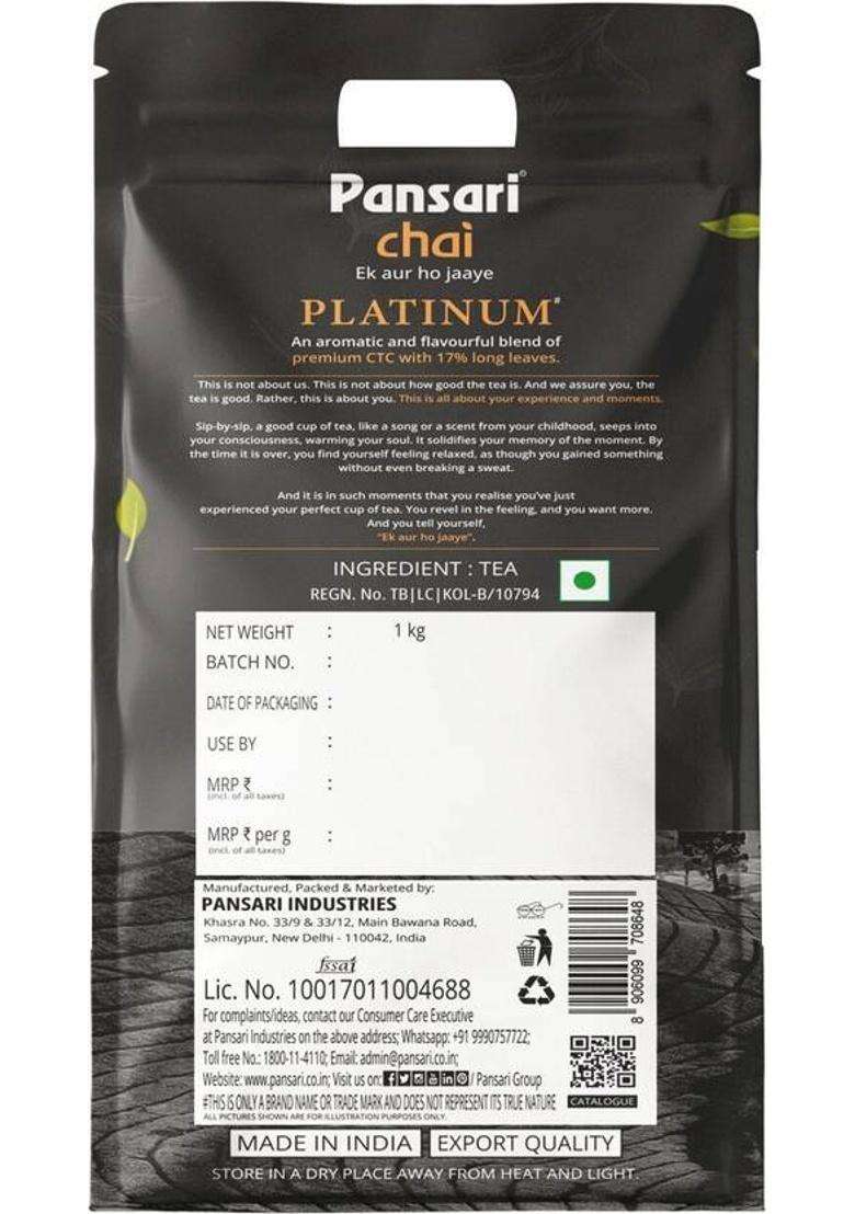 Pansari Platinum Tea / Chai Blend Of Ctc With 17% Long Leaves Tea Pouch&nbsp;&nbsp;(1 Kg) - Indya