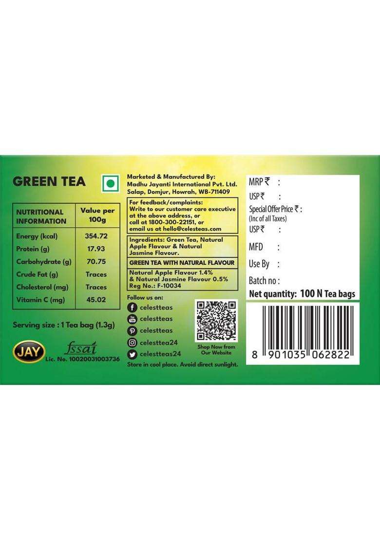 Celest Green Tea, 100 Tea Bags | Green Tea | Green Tea 100 Bags | Pure Green Tea | Green Apple Green Tea Bags Box&nbsp;&nbsp;(100 Bags) - Indya
