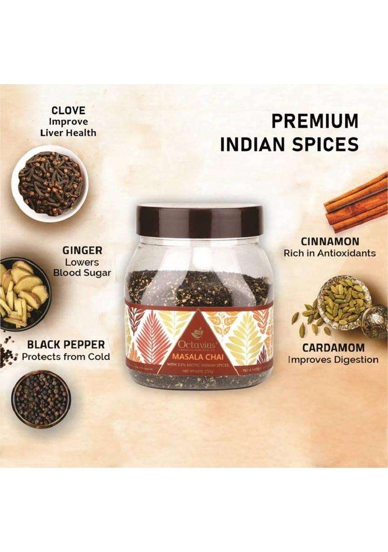 Octavius Masala Ctc Chai | With Added Cinnamon, Cardamom, Clove, Black Pepper, Ginger Spices Masala Tea Mason Jar&nbsp;&nbsp;(250 G) - Indya