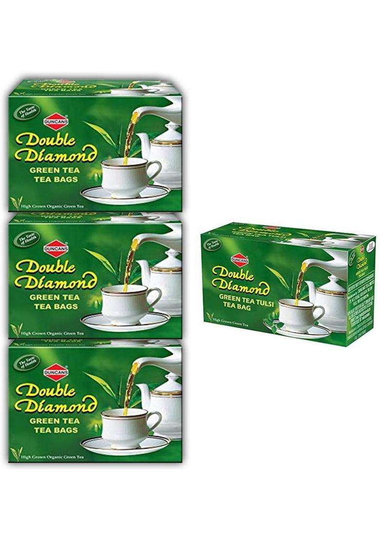 Duncans Double Diamond 100% Natural & Pure Green Tea + Tulsi Green Tea Combo Pack Of 4 (3+1 Free) Tulsi Green Tea Bags Box&nbsp;&nbsp;(4 X 25 Bags) - Indya