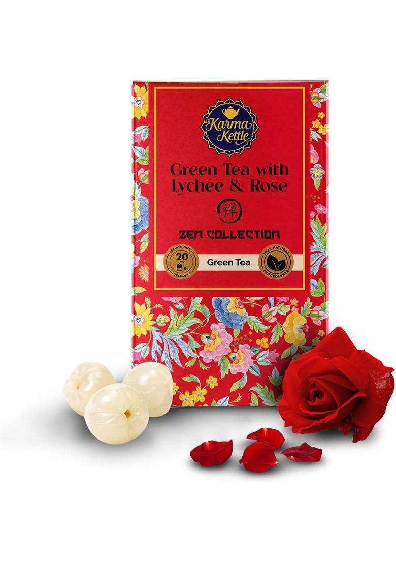 Karma Kettle Zen - Green Tea With Lychee & Rose, 20 Pyramid Tea Bags Rose Green Tea Box&nbsp;&nbsp;(20 Bags) - Indya