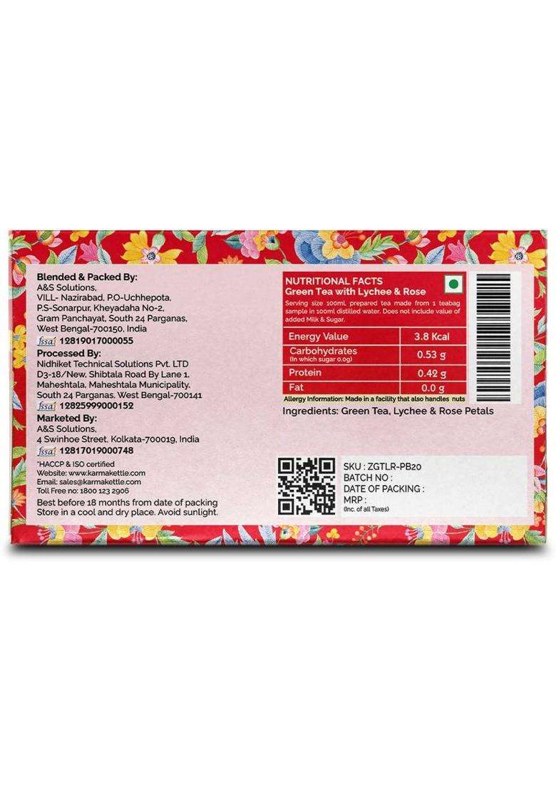 Karma Kettle Zen - Green Tea With Lychee & Rose, 20 Pyramid Tea Bags Rose Green Tea Box&nbsp;&nbsp;(20 Bags) - Indya