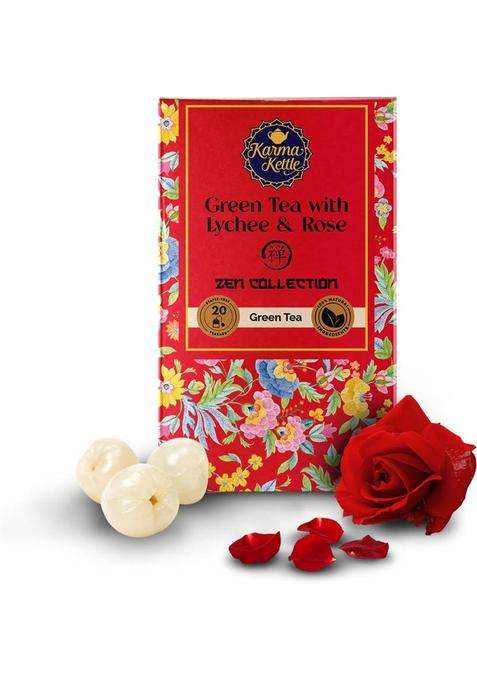 Karma Kettle Zen - Green Tea With Lychee & Rose, 20 Pyramid Tea Bags Rose Green Tea Box&nbsp;&nbsp;(20 Bags)