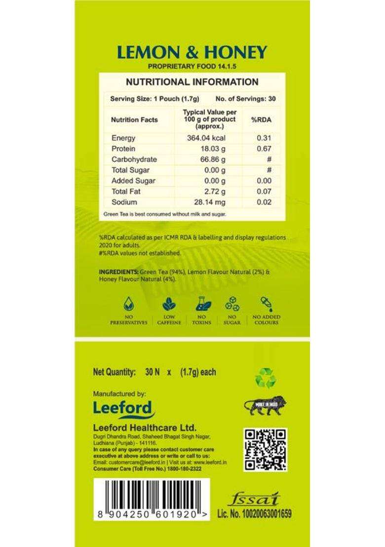 Leeford Lemon Honey Green Tea|Zesty Detox Brew For Immunity, Digestion & Daily Wellness Lemon, Honey Green Tea Bags Box&nbsp;&nbsp;(30 Bags) - Indya
