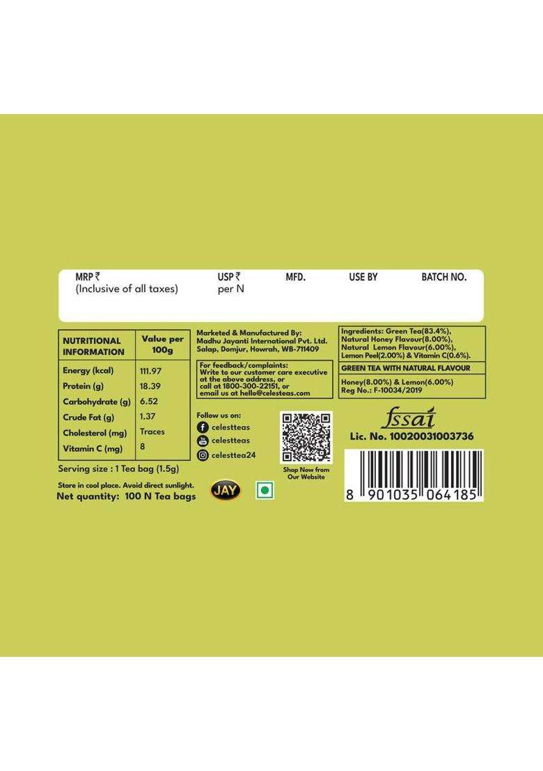 Celest Lemon & Honey Green Tea With Vitamin C, 200 Tea Bags | Green Tea | Tea Bags | Lemon, Honey Green Tea Bags Box&nbsp;&nbsp;(2 X 100 Bags) - Indya