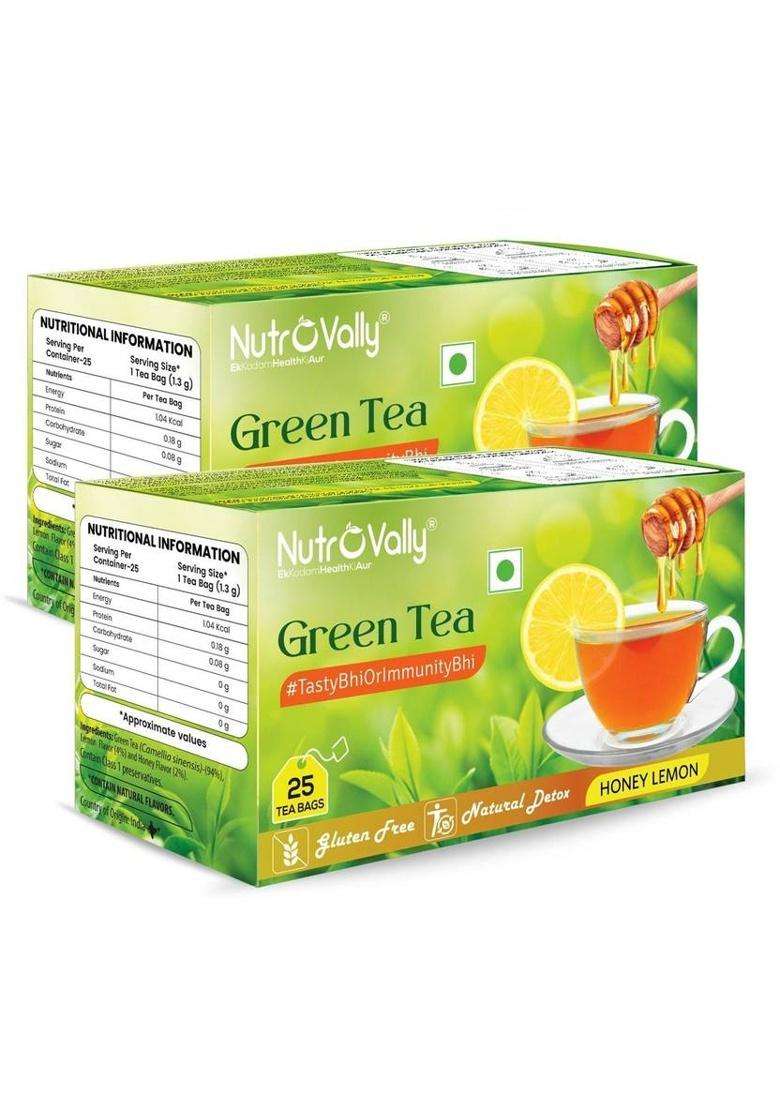 Nutrovally Honey Lemon Green Tea For Weight Loss | Immunity Booster & Refreshing Honey, Lemon Green Tea Bags Box&nbsp;&nbsp;(2 X 25 Bags) - Indya