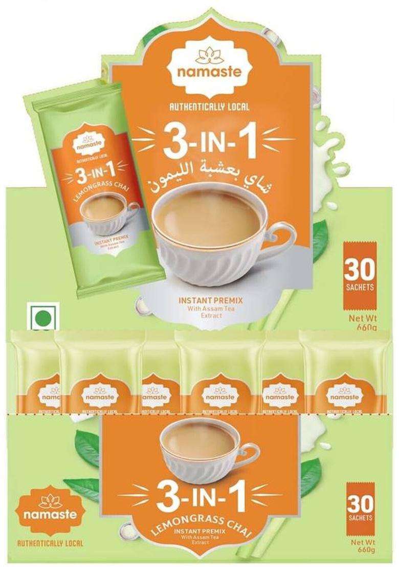 Namaste Chai Instant Tea Premix, Lemongrass Flavor | Assam | Milk And Sugar | Ready Mix (18G X 30 Sachets, Powder)(Pack Of 3) Lemon Grass Instant Tea Pouch&nbsp;&nbsp;(3 X 180 G) - Indya