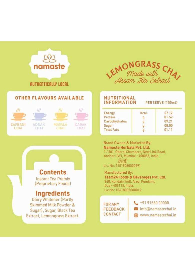 Namaste Chai Instant Tea Premix, Lemongrass Flavor | Assam | Milk And Sugar | Ready Mix (18G X 30 Sachets, Powder)(Pack Of 3) Lemon Grass Instant Tea Pouch&nbsp;&nbsp;(3 X 180 G) - Indya