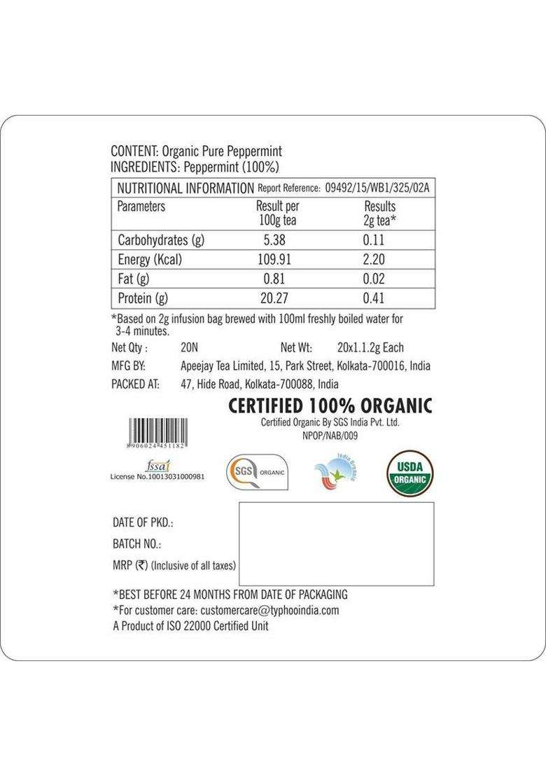 Typhoo Refreshing Organic Peppermint Tea With Pure Peppermint Peppermint Green Tea Bags Box&nbsp;&nbsp;(2 X 11 G) - Indya