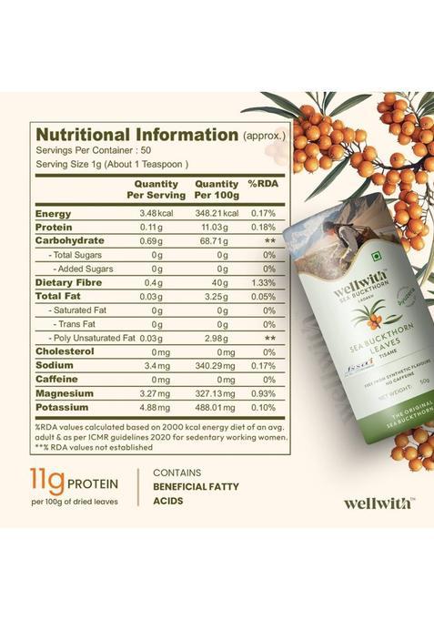 Wellwith Sea Buckthorn Leaf Tea | Improves Metabolism| Boosts Immunity Herbal Tea Herbal Infusion Tea Pouch (50 G)