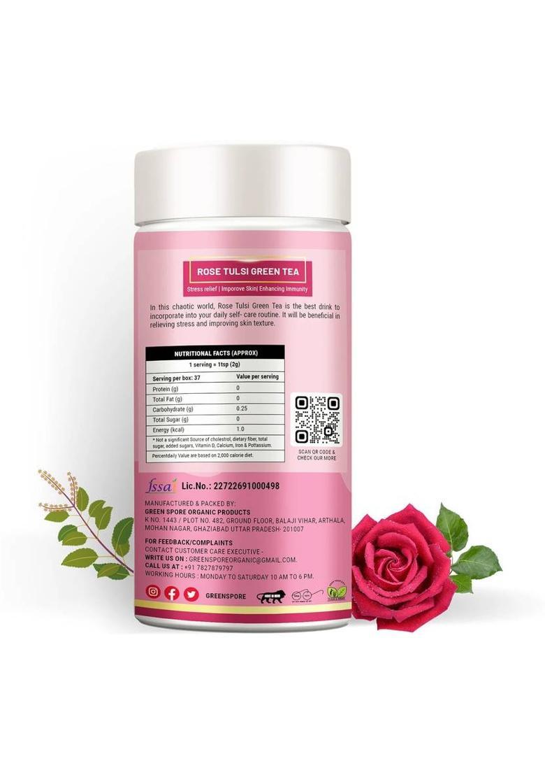 Green Spore Rose Tulsi Green Tea|Immunity Boost And Healthy Glowing Skin|Cardamom,Tulsi Rose, Tulsi Green Tea Tin (75 G)