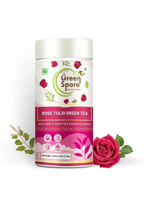 Green Spore Rose Tulsi Green Tea|Immunity Boost And Healthy Glowing Skin|Cardamom,Tulsi Rose, Tulsi Green Tea Tin (75 G)
